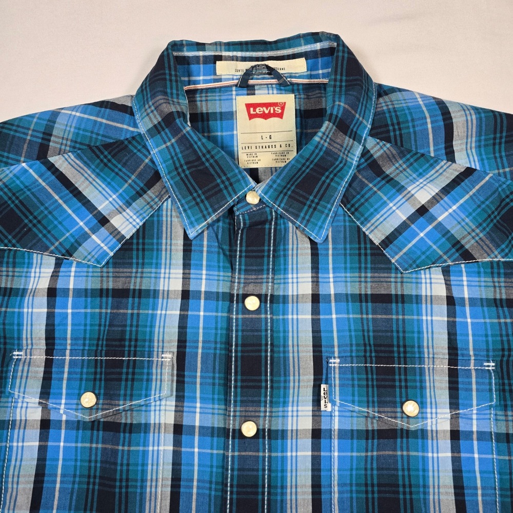 Levi's Western Pearl Snap Plaid Shirt Cowboy Ranch Men's Large Short Sleeve‎